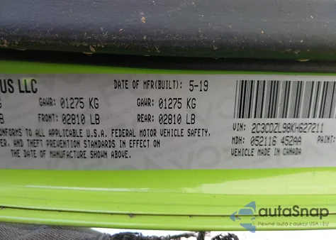 2019 Dodge Challenger Srt Hellcat Redeye Widebody z USA, uszkodzony, nr VIN 2C3CDZL98KH627211